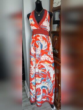 Red Printed V-Neck Holter Maxi Dress